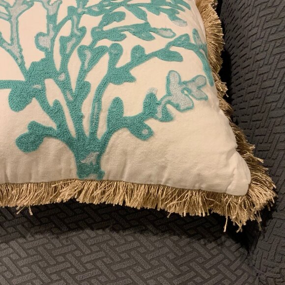 Decorative Fringe Square Pillow with Sea Coral Reef Design 100% Cotton - Picture 8 of 9